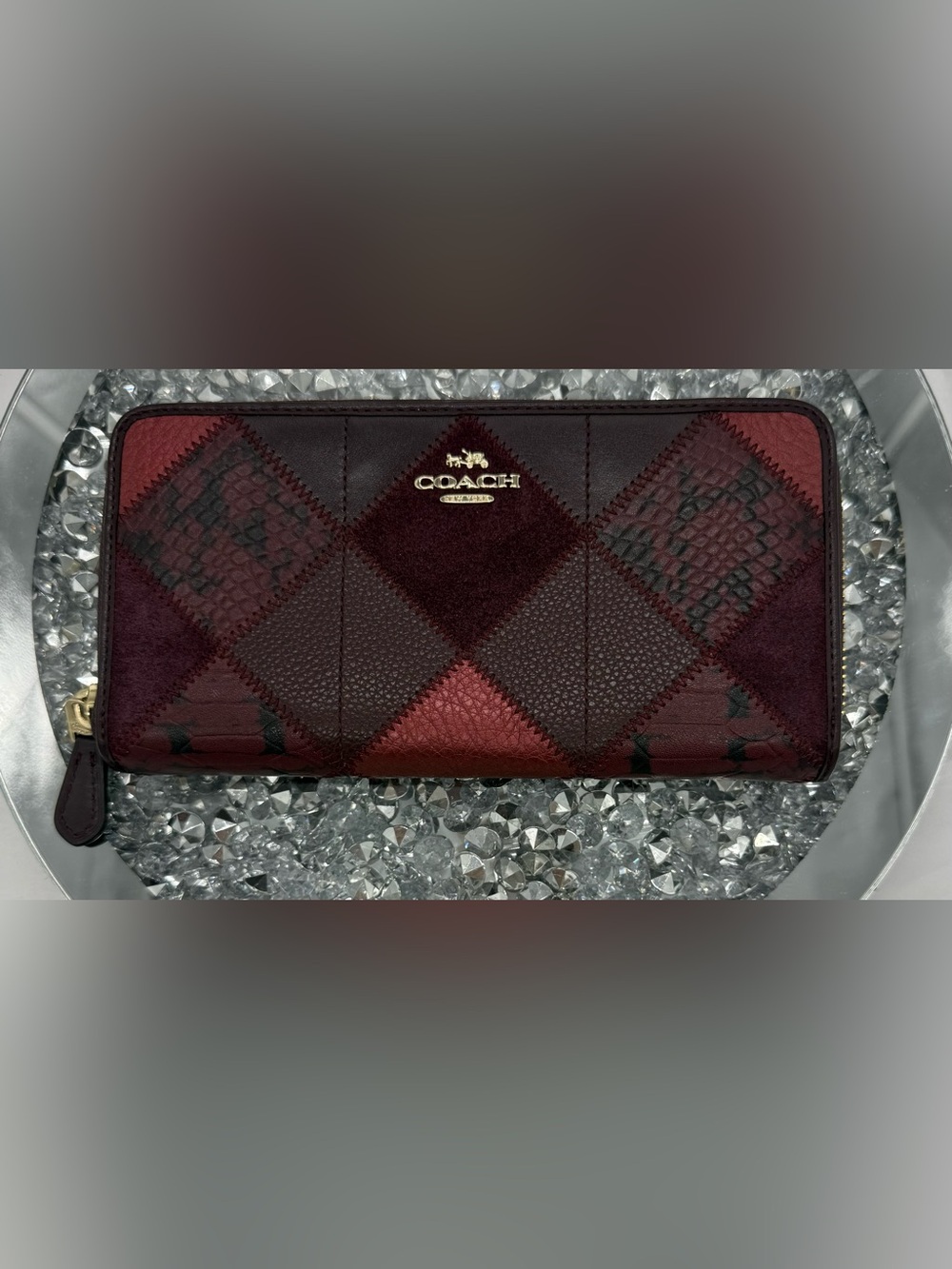 Coach Exotic Leather Patchwork Accordion Zip Wallet in oxblood/plum